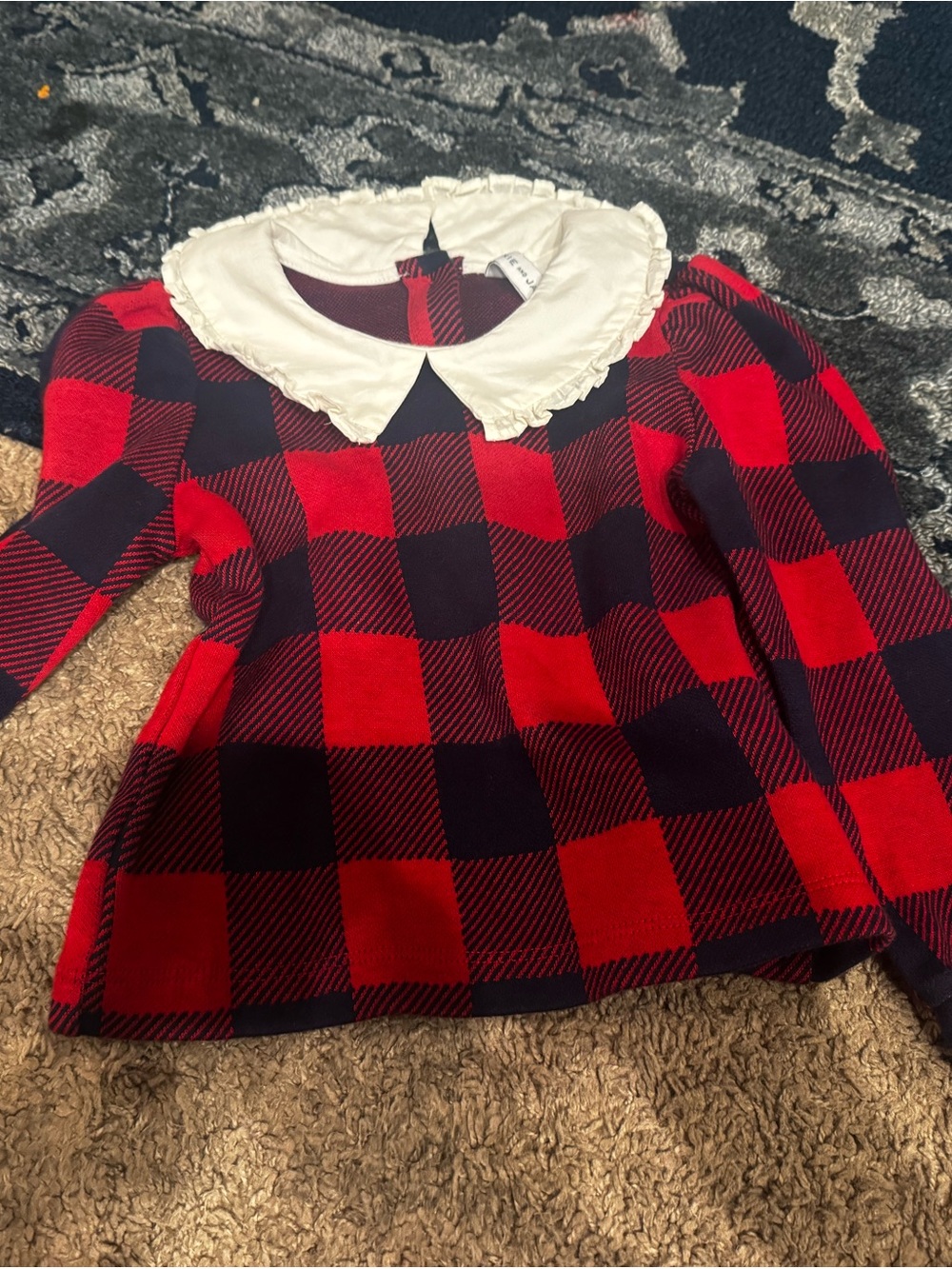 Janie and Jack Girls Red and Navy  Plaid Top with White Peter Pan Collar